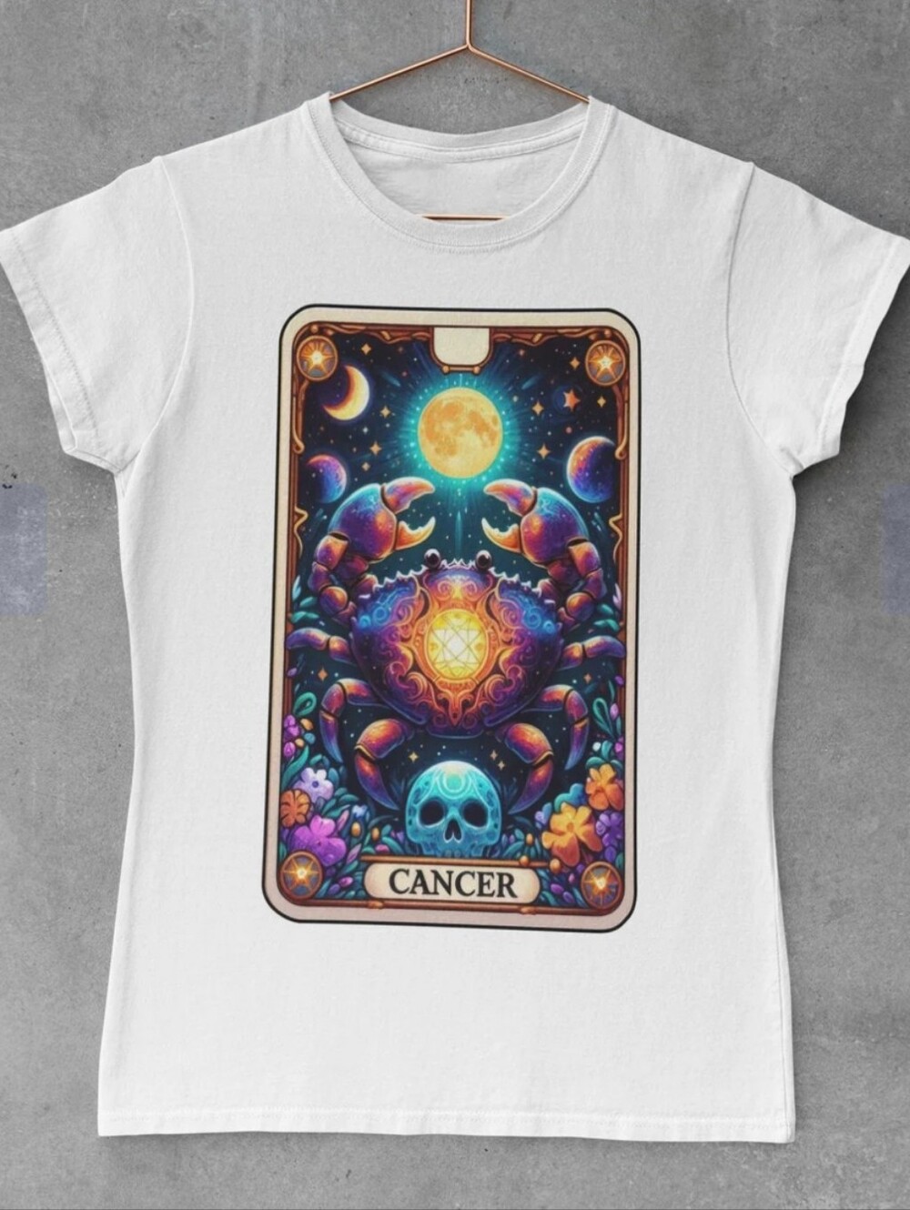 Upcycled Cancer Zodiac Tarot DTF Graphic T-Shirt Size M Mystical Astrology Tee - Picture 2 of 6